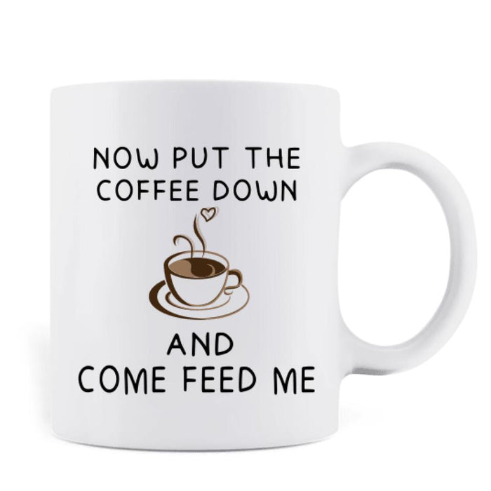 Custom Personalized Human Servant Cat Coffee Mug - Upto 6 Cats/Dogs - Best Gift For Cat Lover - Now Put The Coffee Down And Come Feed Us