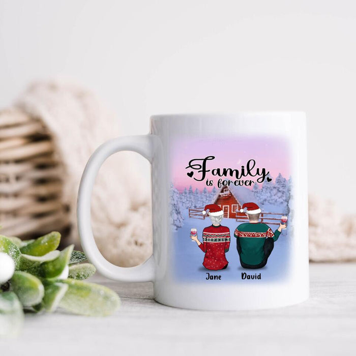 Custom Personalized Christmas Family Coffee Mug - Couple/ Parent With Upto 3 Pets And 2 Kids - Gift Idea For Dog/ Cat Lover - Family Is Forever