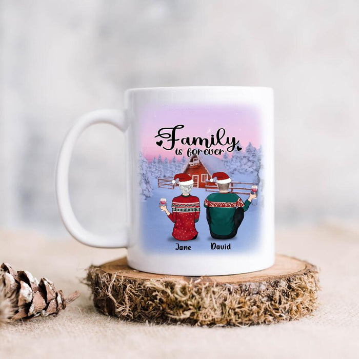 Custom Personalized Christmas Family Coffee Mug - Couple/ Parent With Upto 3 Pets And 2 Kids - Gift Idea For Dog/ Cat Lover - Family Is Forever