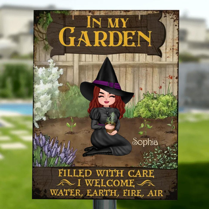 Custom Personalized Garden Witch Metal Sign - Gift Idea For Halloween Day - In My Garden Filled With Care, I Welcome Water, Earth, Fire, Air