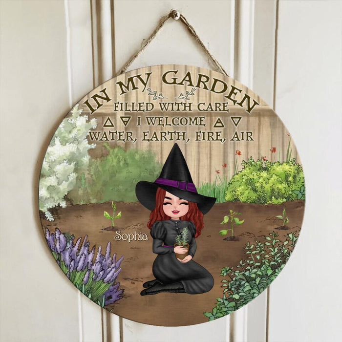 Custom Personalized Garden Witch Circle Wooden Sign - Gift Idea For Halloween Day/Home Decor - In My Garden Filled With Care, I Welcome Water, Earth, Fire, Air