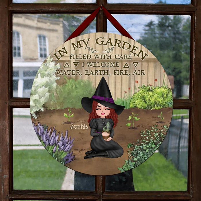 Custom Personalized Garden Witch Circle Wooden Sign - Gift Idea For Halloween Day/Home Decor - In My Garden Filled With Care, I Welcome Water, Earth, Fire, Air