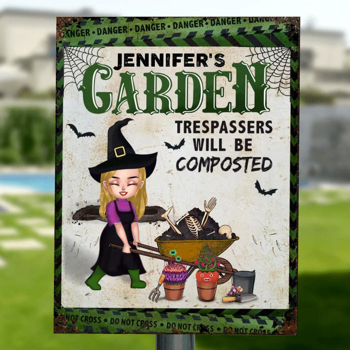 Custom Personalized Halloween Garden Girl Vertical Metal Sign - Gift Idea For Halloween/Garden Lovers - Jennifer's Garden Trespassers Will Be Composted