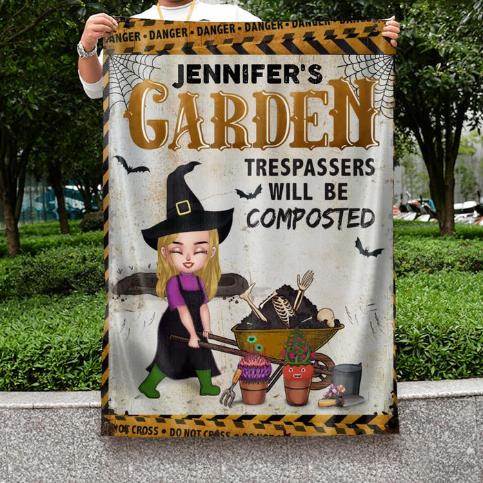 Custom Personalized Halloween Garden Girl Flag Sign - Gift Idea For Halloween/Garden Lovers - Jennifer's Garden Trespassers Will Be Composted