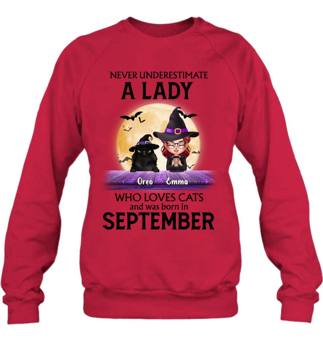 Custom Personalized Cat Lady Shirt - Upto 6 Cats -  Gift Idea For Halloween/Cat Lovers - Never Underestimate A Lady Who Loves Cats And Was Born In September