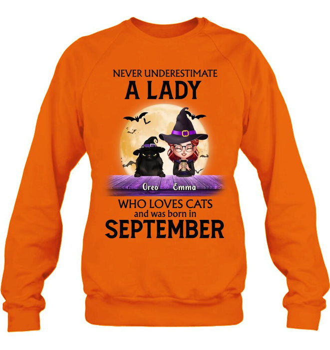 Custom Personalized Cat Lady Shirt - Upto 6 Cats -  Gift Idea For Halloween/Cat Lovers - Never Underestimate A Lady Who Loves Cats And Was Born In September