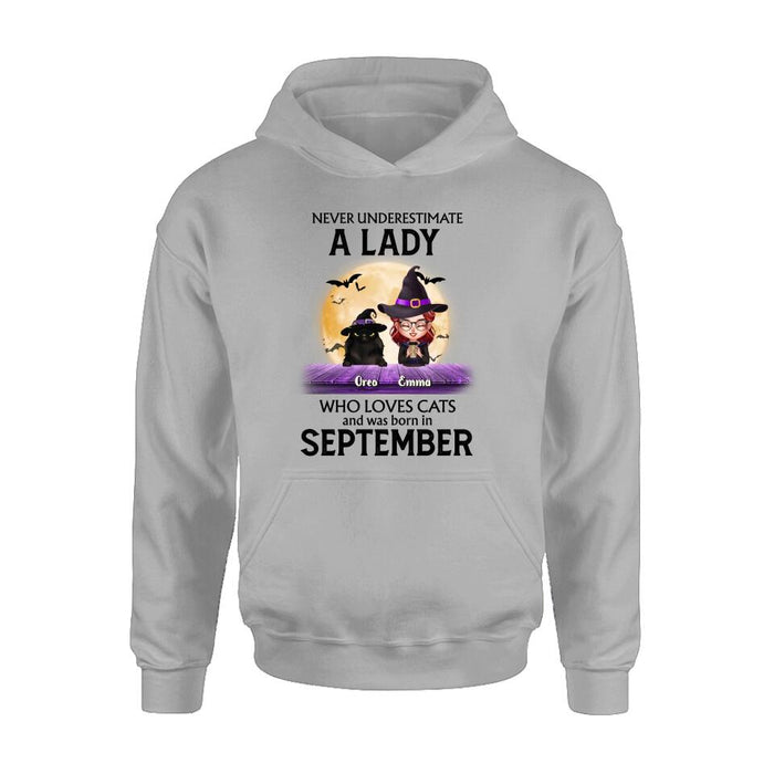 Custom Personalized Cat Lady Shirt - Upto 6 Cats -  Gift Idea For Halloween/Cat Lovers - Never Underestimate A Lady Who Loves Cats And Was Born In September