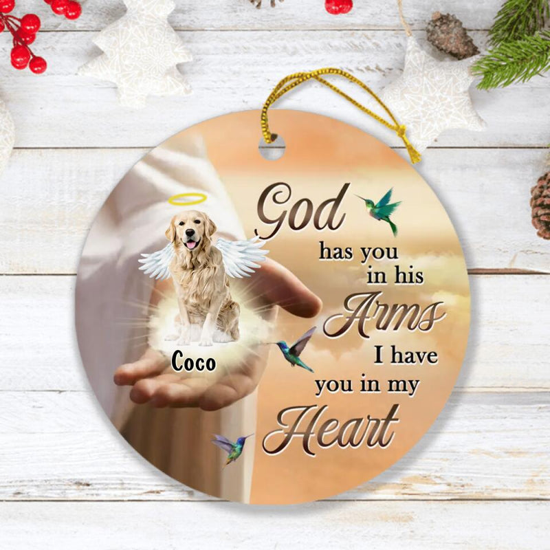 Custom Personalized Memorial Dog Ornament - Memorial Gift Idea For Dog Lovers/Christmas - God Has You In His Arms I Have You In My Heart