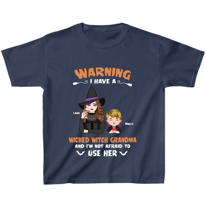 Custom Personalized Grandma & Grandkid Witch T-Shirt - Halloween Gift For Grandkid - Warning I Have A Wicked Witch Grandma