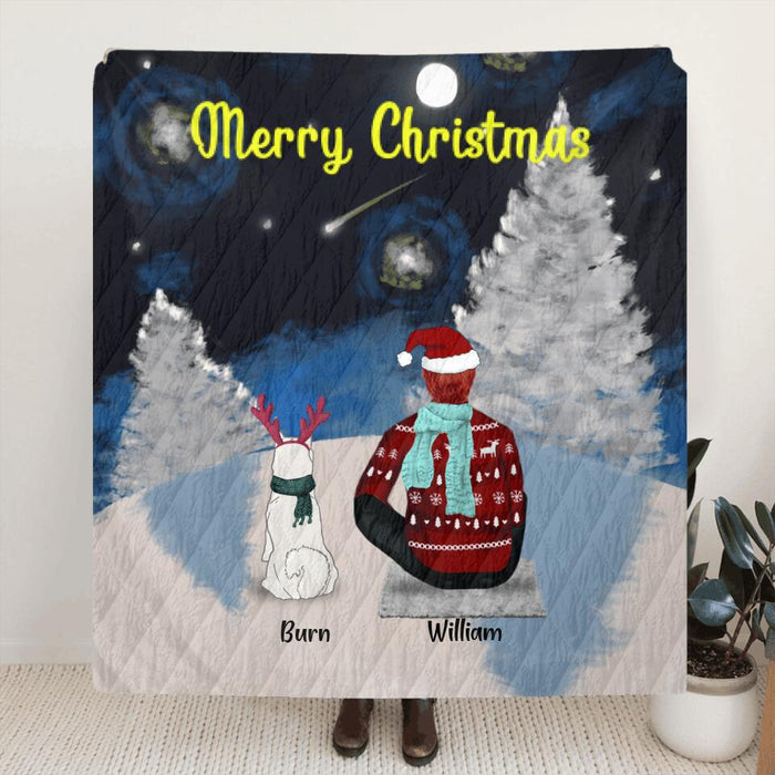 Custom Personalized Christmas Dog/Cat Quilt/ Fleece Blanket- Man/ Woman With Upto 6 Pets - Merry Christmas