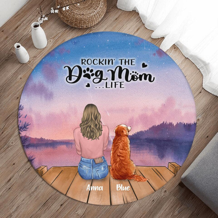 Custom Personalized Dog Mom Foldable Round Rug - Upto 6 Dogs - Gift Idea For Dog Lover - Rockin' The Dog Mom Life