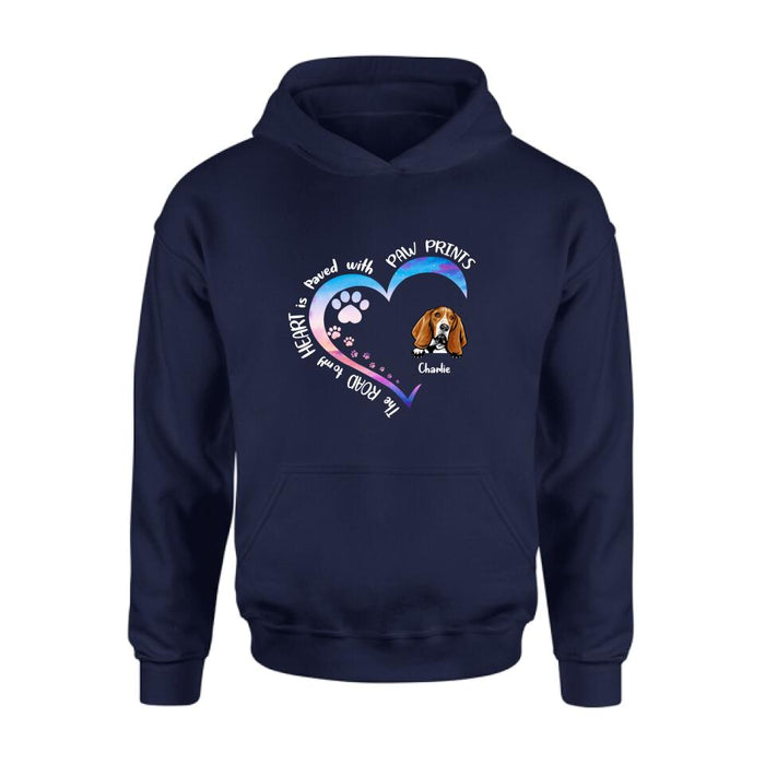 Custom Personalized Dog Shirt/ Pullover Hoodie - Upto 3 Dogs - Gift Idea For Dog Lover - The Road To My Heart Is Paved With Paw Prints