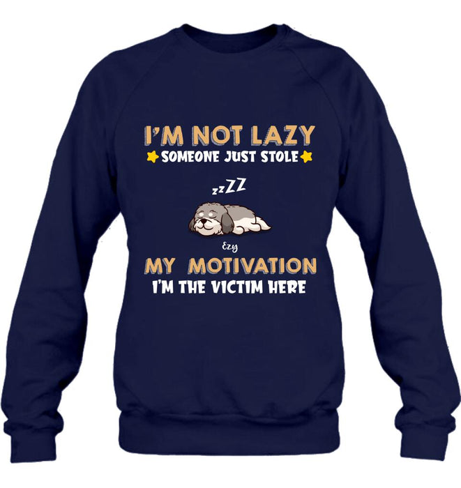 Custom Personalized I'm Not Lazy Pet Shirt/ Pullover Hoodie - Upto 6 Pets - Gift Idea For Dog/ Cat Lover - I'm Not Lazy, Someone Just Stole My Motivation, I'm The Victim Here