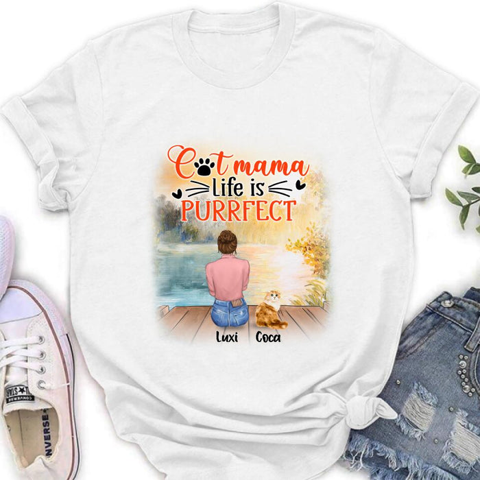 Custom Personalized Cat Mom Shirt/ Pullover Hoodie - Upto 5 Cats - Gift Idea For Cat Lover - Cat Mama Life Is Purrfect