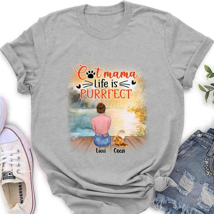 Custom Personalized Cat Mom Shirt/ Pullover Hoodie - Upto 5 Cats - Gift Idea For Cat Lover - Cat Mama Life Is Purrfect