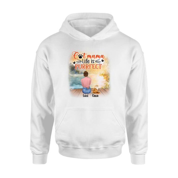 Custom Personalized Cat Mom Shirt/ Pullover Hoodie - Upto 5 Cats - Gift Idea For Cat Lover - Cat Mama Life Is Purrfect