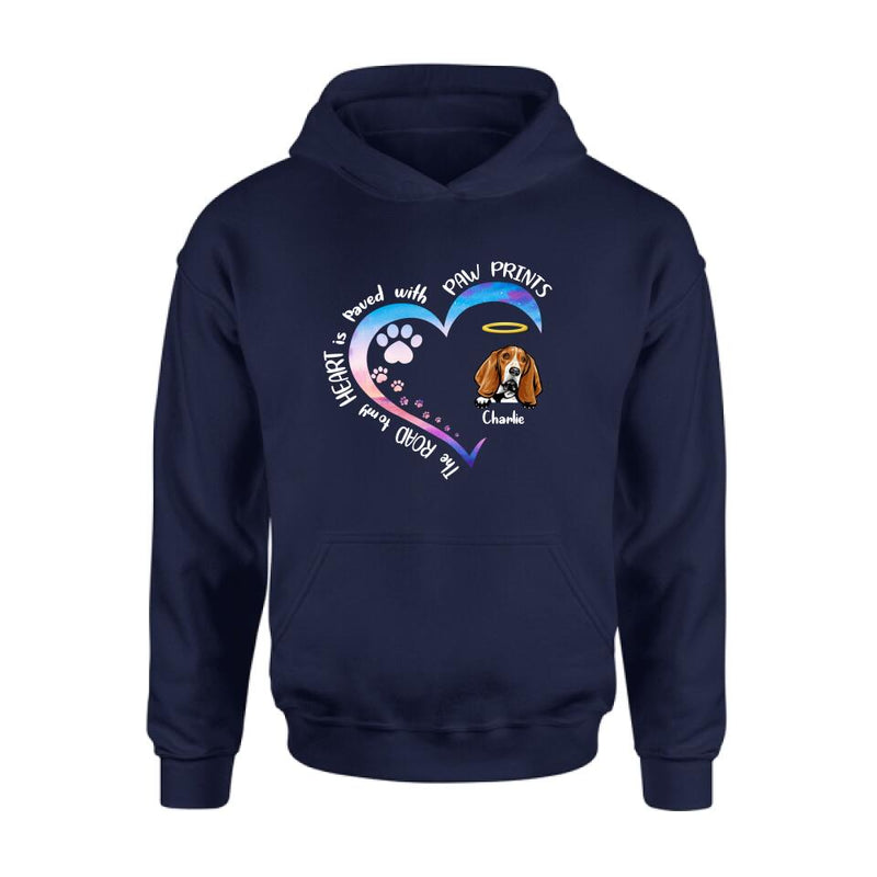 Personalized Dog Shirt/Pullover Hoodie - Up to 3 Dogs - Memorial Gift Idea For Dog Lover - The Road To My Heart Is Paved With Paw Prints