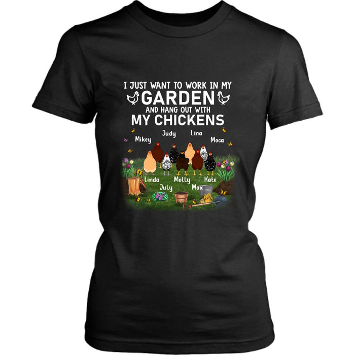 Personalized Shirt/Sleeve/Hoddie/Sweatshirt (Dark Color) - Gift For Chicken Lovers - I just want to work in my Garden and hang out with my Chickens - Up to 9 Chickens