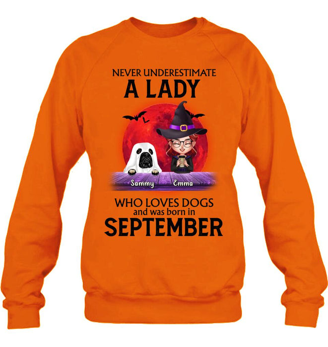 Custom Personalized Dog Lady Shirt/Hoodie - Upto 6 Dogs - Halloween Gift Idea For Dog Lovers - Never Underestimate A Lady Who Loves Dogs