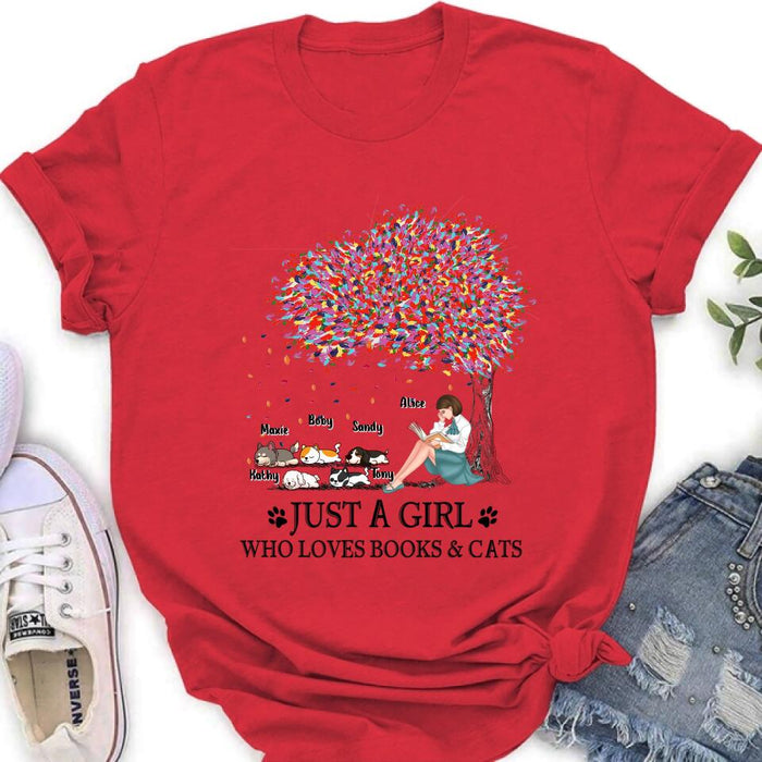 Custom Personalized Reading Girl Shirt/ Pullover Hoodie - Upto 5 Pets - Gift Idea For Book/ Dog/ Cat Lover - Just A Girl Who Loves Book