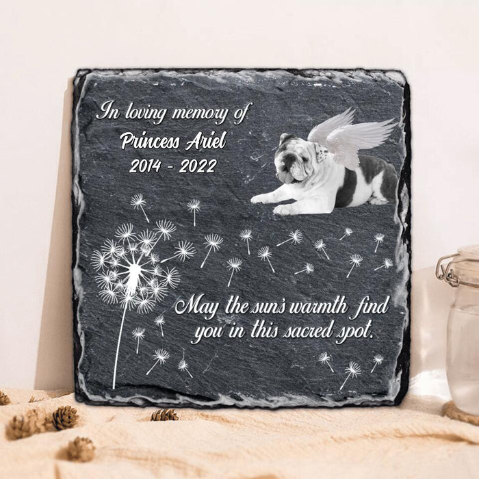 Custom Personalized Memorial Square Lithograph - Gift Idea For Dog Owner - Upload Dog Photo - May The Sun's Warmth Find You In This Sacred Spot