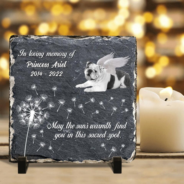 Custom Personalized Memorial Square Lithograph - Gift Idea For Dog Owner - Upload Dog Photo - May The Sun's Warmth Find You In This Sacred Spot