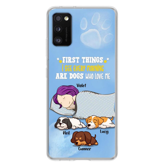 Custom Personalized Dog Mom Sleep Phone Case - Upto 3 Dogs - First Things I See Every Morning Are Dogs Who Love Me