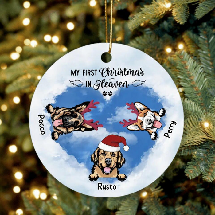 Custom Personalized Christmas Circle Ornament - Memorial Gift Idea For Christmas/ Dog Lover with up to 3 Dogs - My First Christmas In Heaven