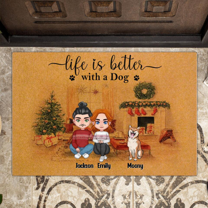 Custom Personalized Christmas Couple Doormat - Gift Idea For Christmas/Couple/Dog Lovers - Couple With Up To 6 Dogs - Life Is Better With A Dog