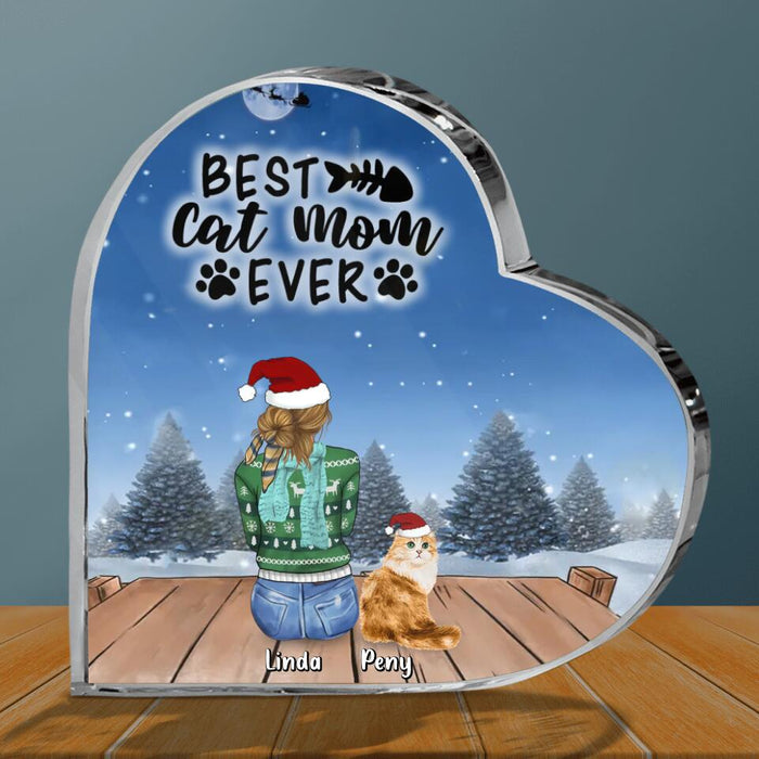 Custom Personalized Christmas Cat Mom Crystal Heart - Christmas Gift Idea For Cat Lover - Upto 5 Cats - Best Cat Mom Ever