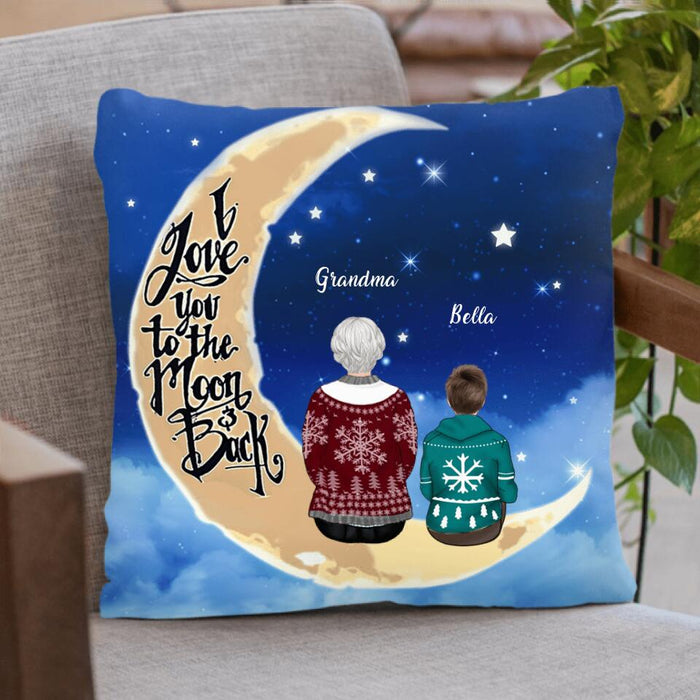 Custom Personalized Grandma/ Grandpa & Grandchilds Sitting On Moon Pillow Cover & Quilt/ Fleece Blanket - Upto 4 Kids - Gift Idea For Grandma/ Grandpa - I Love You To The Moon And Back