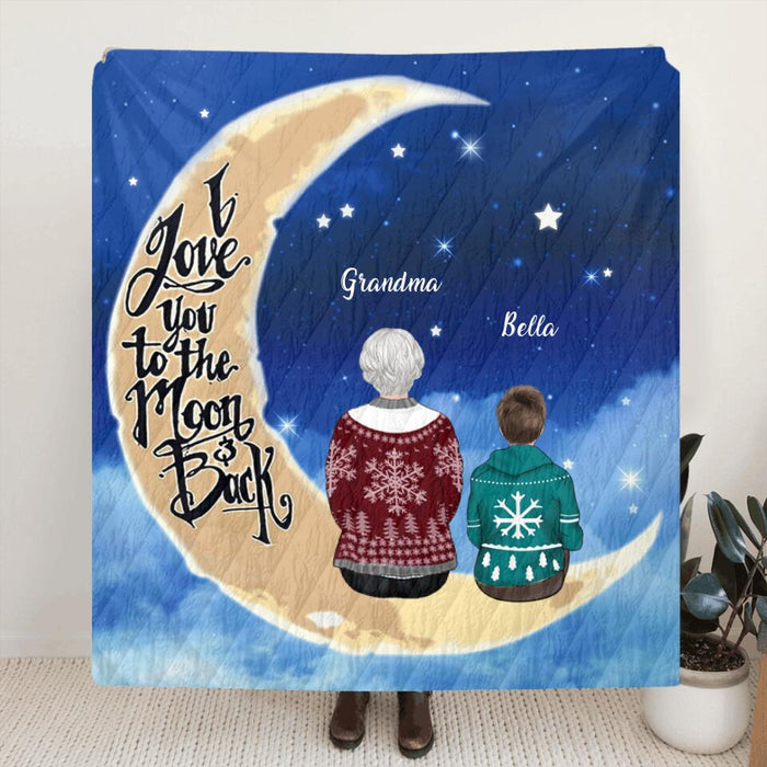 Custom Personalized Grandma/ Grandpa & Grandchilds Sitting On Moon Pillow Cover & Quilt/ Fleece Blanket - Upto 4 Kids - Gift Idea For Grandma/ Grandpa - I Love You To The Moon And Back