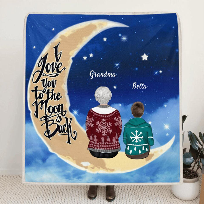 Custom Personalized Grandma/ Grandpa & Grandchilds Sitting On Moon Pillow Cover & Quilt/ Fleece Blanket - Upto 4 Kids - Gift Idea For Grandma/ Grandpa - I Love You To The Moon And Back