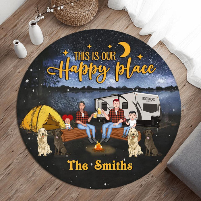 Custom Personalized Camping Famiy Foldable Round Rug - Gift Idea For Family With Up To 2 Kids and 4 Dogs - This Is Our Happy Place