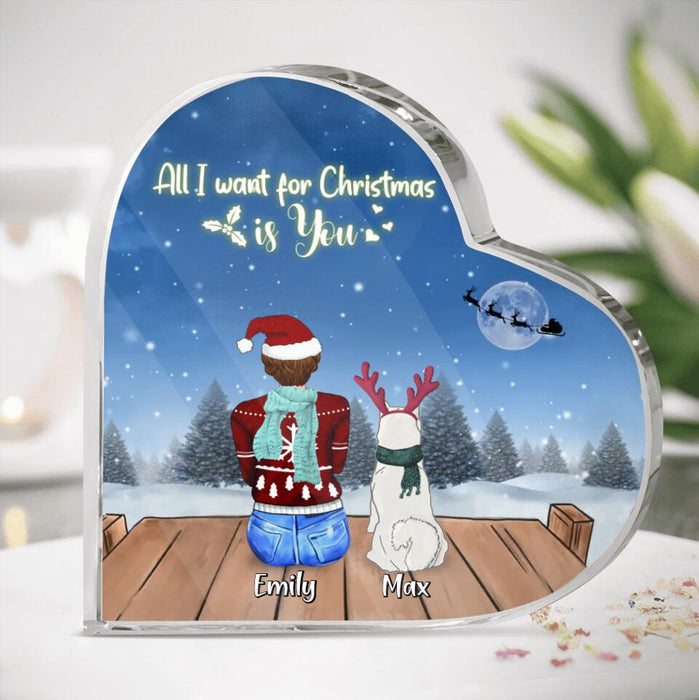 Custom Personalized Christmas Night Crystal Heart - Adult/ Couple With Upto 2 Kids And 5 Pets - Christmas Gift For Family/Cat/ Dog Lover - All I Want For Christmas Is You