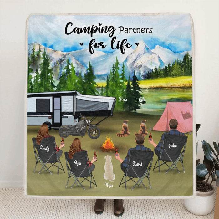 Personalized camping quilt/fleece blanket - 4 Adults and up to 3 Pets camping blanket - gift idea for family, camping lovers - Camping Partners For Life