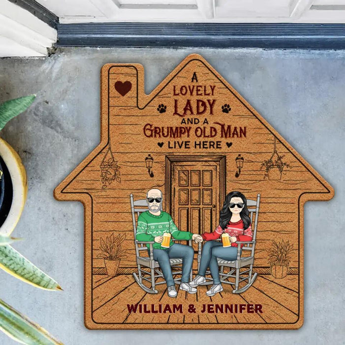 Custom Personalized Couple House Shaped Rug - Upto 5 Dogs - Gift Idea For Couple/DogLovers - A Lovely Lady And A Grumpy Old Man Live Here