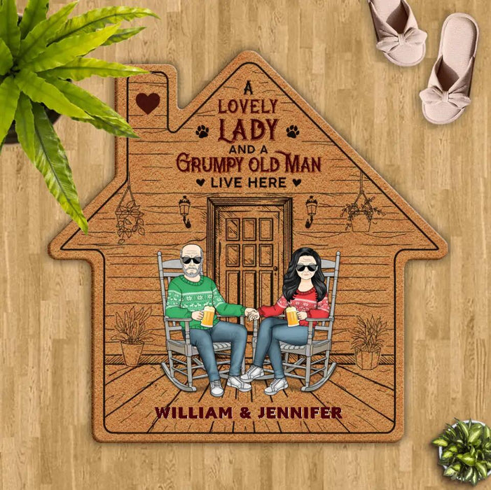 Custom Personalized Couple House Shaped Rug - Upto 5 Dogs - Gift Idea For Couple/DogLovers - A Lovely Lady And A Grumpy Old Man Live Here