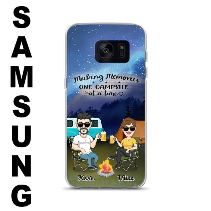 Custom Personalized Night Camping Phone Case - Couple With Up to 3 Dogs - Gift For Couple/ Camping Lover - Making Memories One Campsite At A Time - Case For iPhone And Samsung