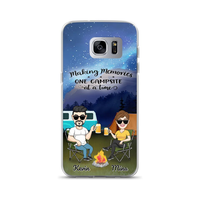 Custom Personalized Night Camping Phone Case - Couple With Up to 3 Dogs - Gift For Couple/ Camping Lover - Making Memories One Campsite At A Time - Case For iPhone And Samsung