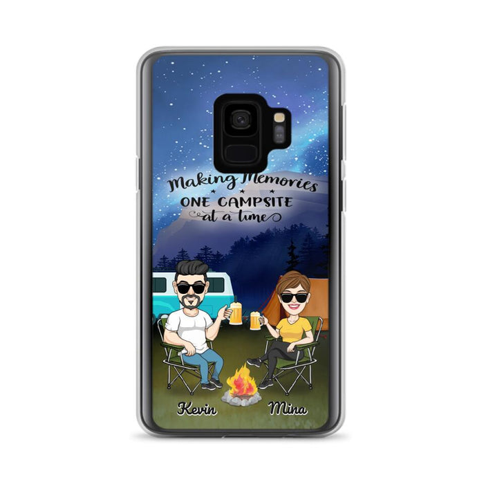 Custom Personalized Night Camping Phone Case - Couple With Up to 3 Dogs - Gift For Couple/ Camping Lover - Making Memories One Campsite At A Time - Case For iPhone And Samsung