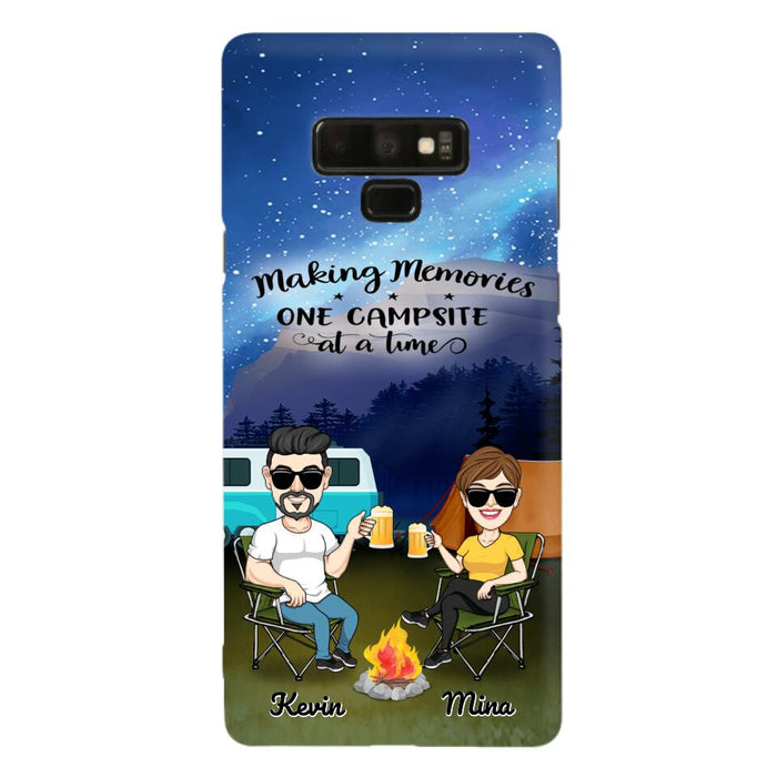 Custom Personalized Night Camping Phone Case - Couple With Up to 3 Dogs - Gift For Couple/ Camping Lover - Making Memories One Campsite At A Time - Case For iPhone And Samsung