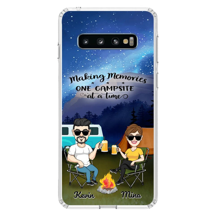 Custom Personalized Night Camping Phone Case - Couple With Up to 3 Dogs - Gift For Couple/ Camping Lover - Making Memories One Campsite At A Time - Case For iPhone And Samsung