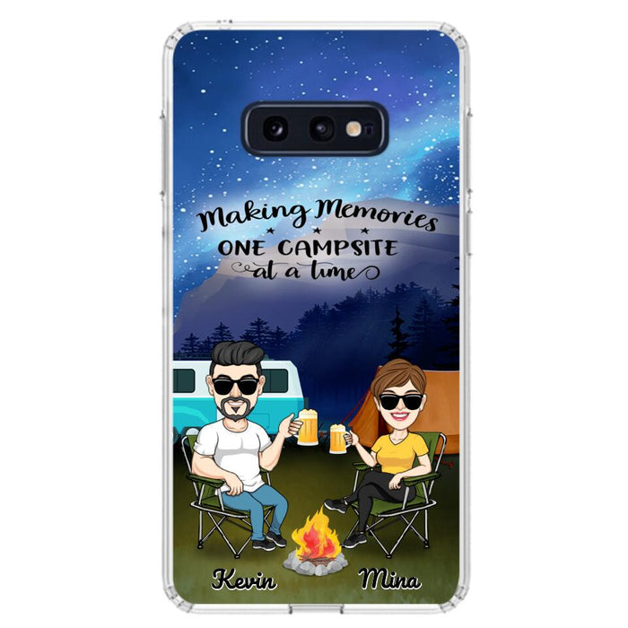 Custom Personalized Night Camping Phone Case - Couple With Up to 3 Dogs - Gift For Couple/ Camping Lover - Making Memories One Campsite At A Time - Case For iPhone And Samsung