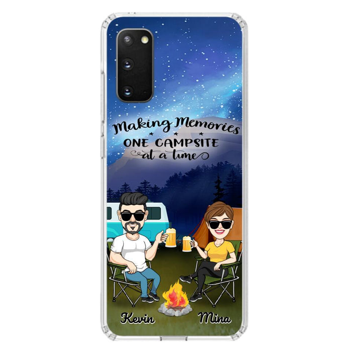 Custom Personalized Night Camping Phone Case - Couple With Up to 3 Dogs - Gift For Couple/ Camping Lover - Making Memories One Campsite At A Time - Case For iPhone And Samsung