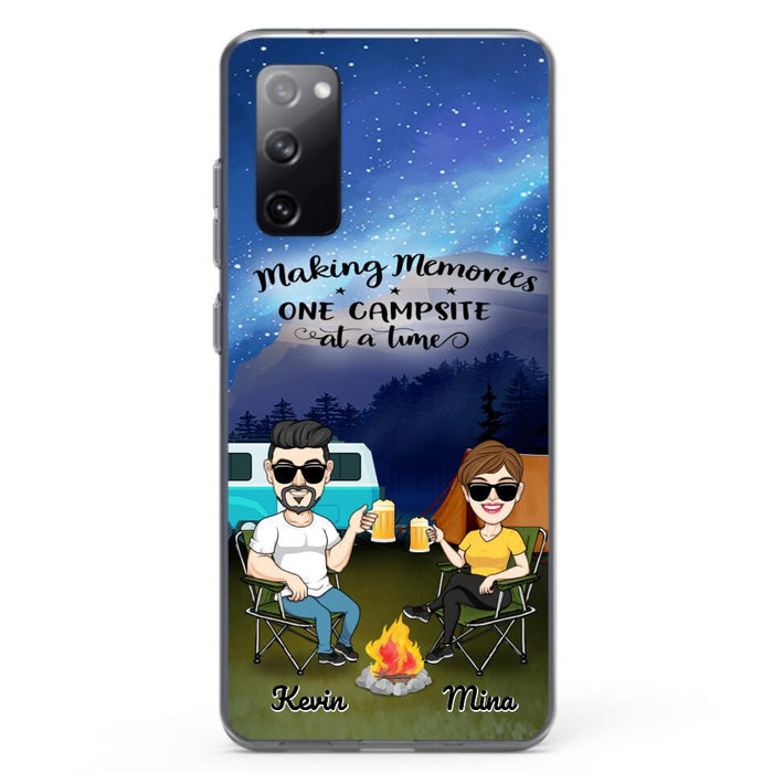 Custom Personalized Night Camping Phone Case - Couple With Up to 3 Dogs - Gift For Couple/ Camping Lover - Making Memories One Campsite At A Time - Case For iPhone And Samsung