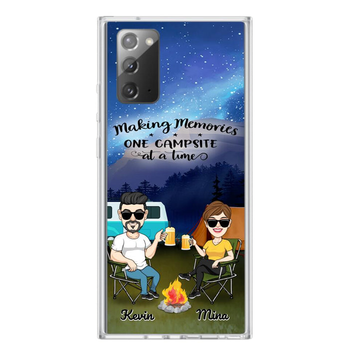 Custom Personalized Night Camping Phone Case - Couple With Up to 3 Dogs - Gift For Couple/ Camping Lover - Making Memories One Campsite At A Time - Case For iPhone And Samsung