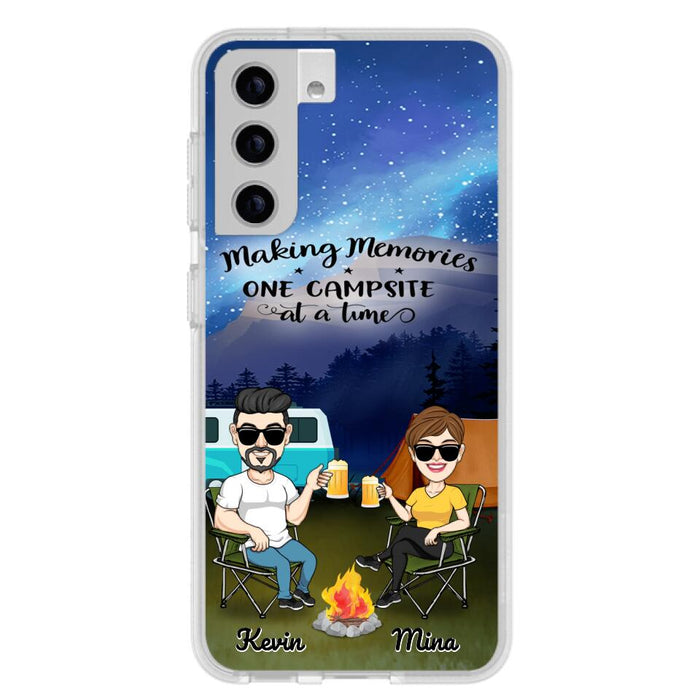 Custom Personalized Night Camping Phone Case - Couple With Up to 3 Dogs - Gift For Couple/ Camping Lover - Making Memories One Campsite At A Time - Case For iPhone And Samsung