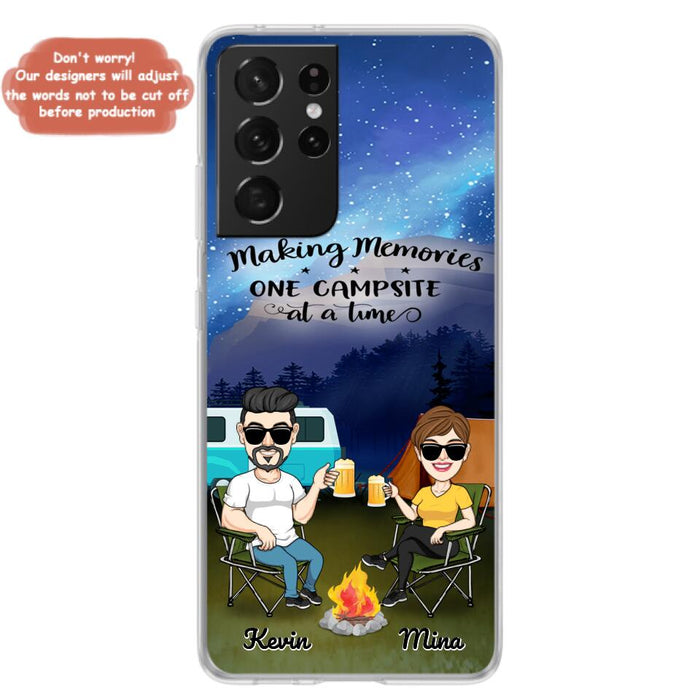 Custom Personalized Night Camping Phone Case - Couple With Up to 3 Dogs - Gift For Couple/ Camping Lover - Making Memories One Campsite At A Time - Case For iPhone And Samsung