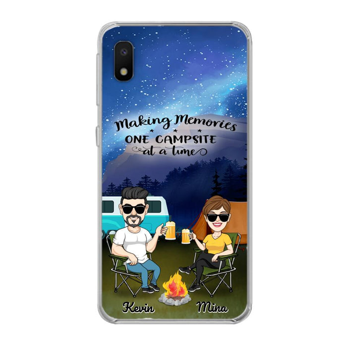 Custom Personalized Night Camping Phone Case - Couple With Up to 3 Dogs - Gift For Couple/ Camping Lover - Making Memories One Campsite At A Time - Case For iPhone And Samsung